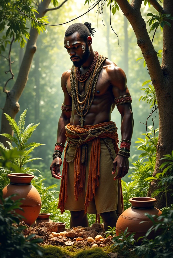 Create a god of hunger, Brazilian indigenous culture, he must be thin, skin black, brown clothes without precious ornaments.
