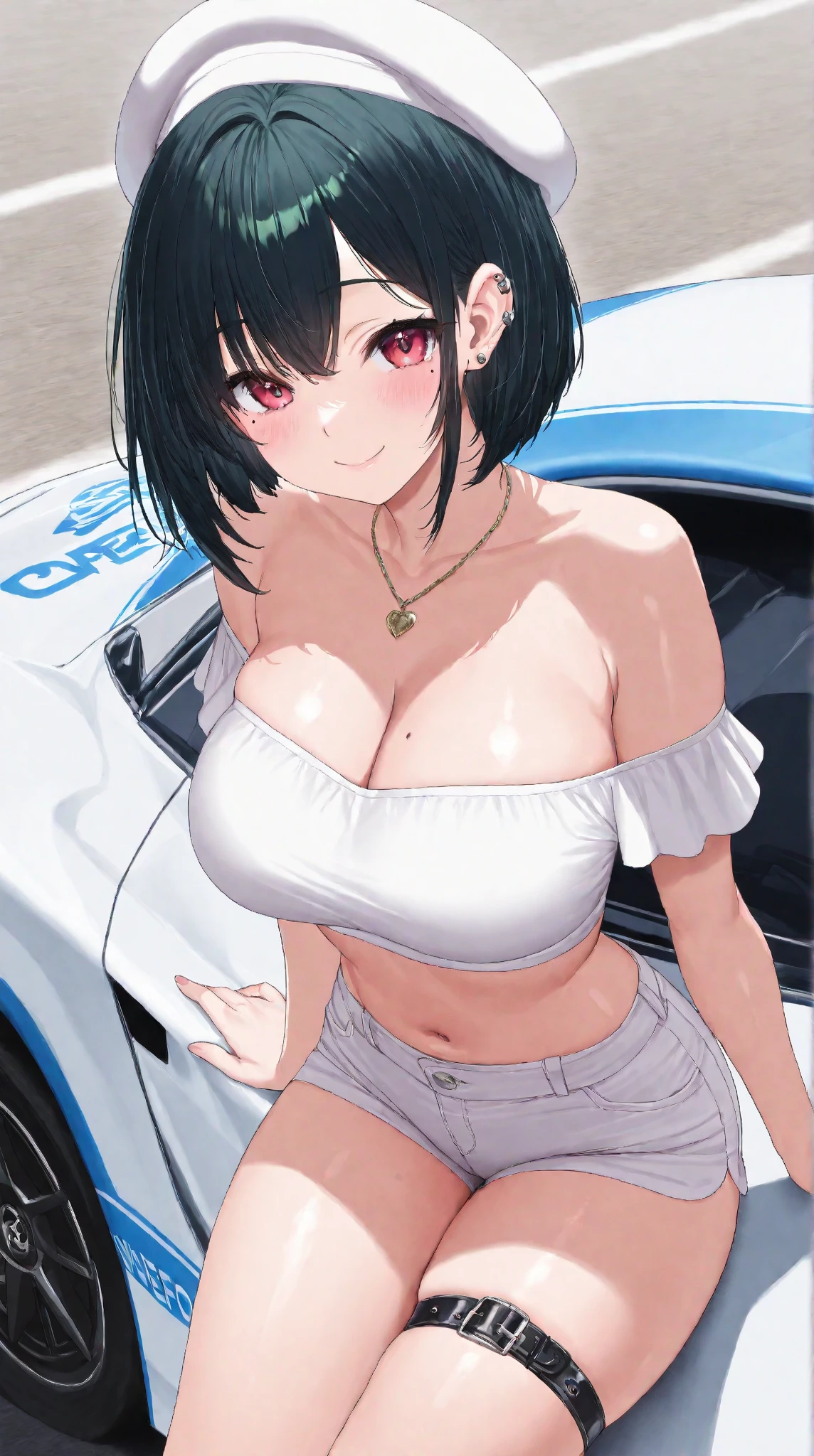 sajouayaka, black hair, short hair, Blue eyes , large breasts, , , empty eyes , large breasts, nipple, , Peeing, lactation, projectile lactation, CAR shop, frozen, wet, crying ,, Naked, , (1girl) ,solo