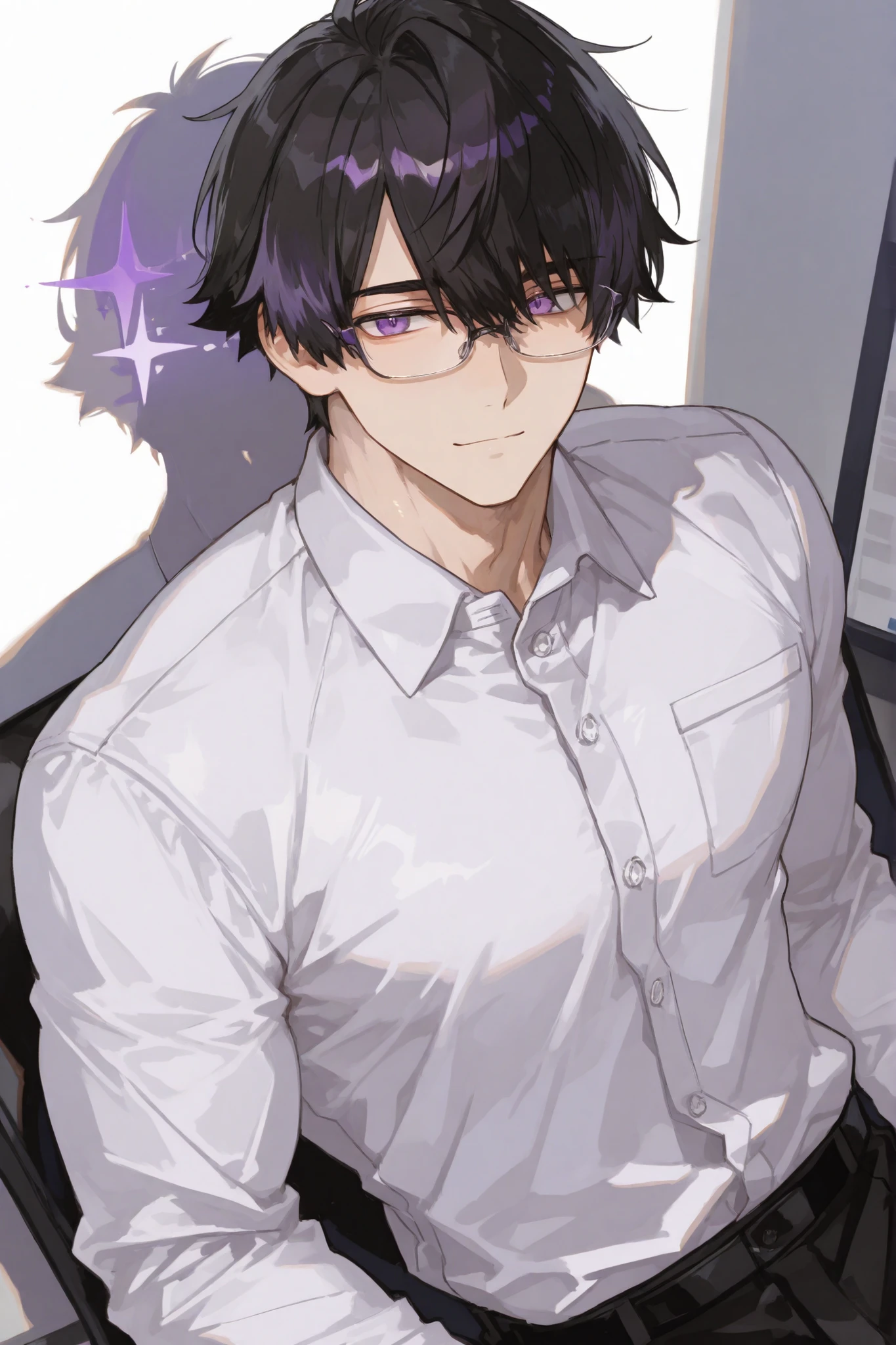 Male, Shadow Perm, with bangs parted black hair and amethyst eyes, he wears a glasses that are black and square shaped and thin. He is slight muscular with broad shoulders. Like hot and handsome type. He is wearing a office attire, more on white long sleeves polo shirt