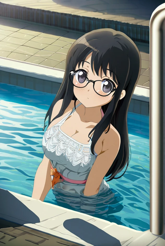 Himejima Akeno,long hair,blush,troubled face,one person,Glasses,bath towel、Taking a bath