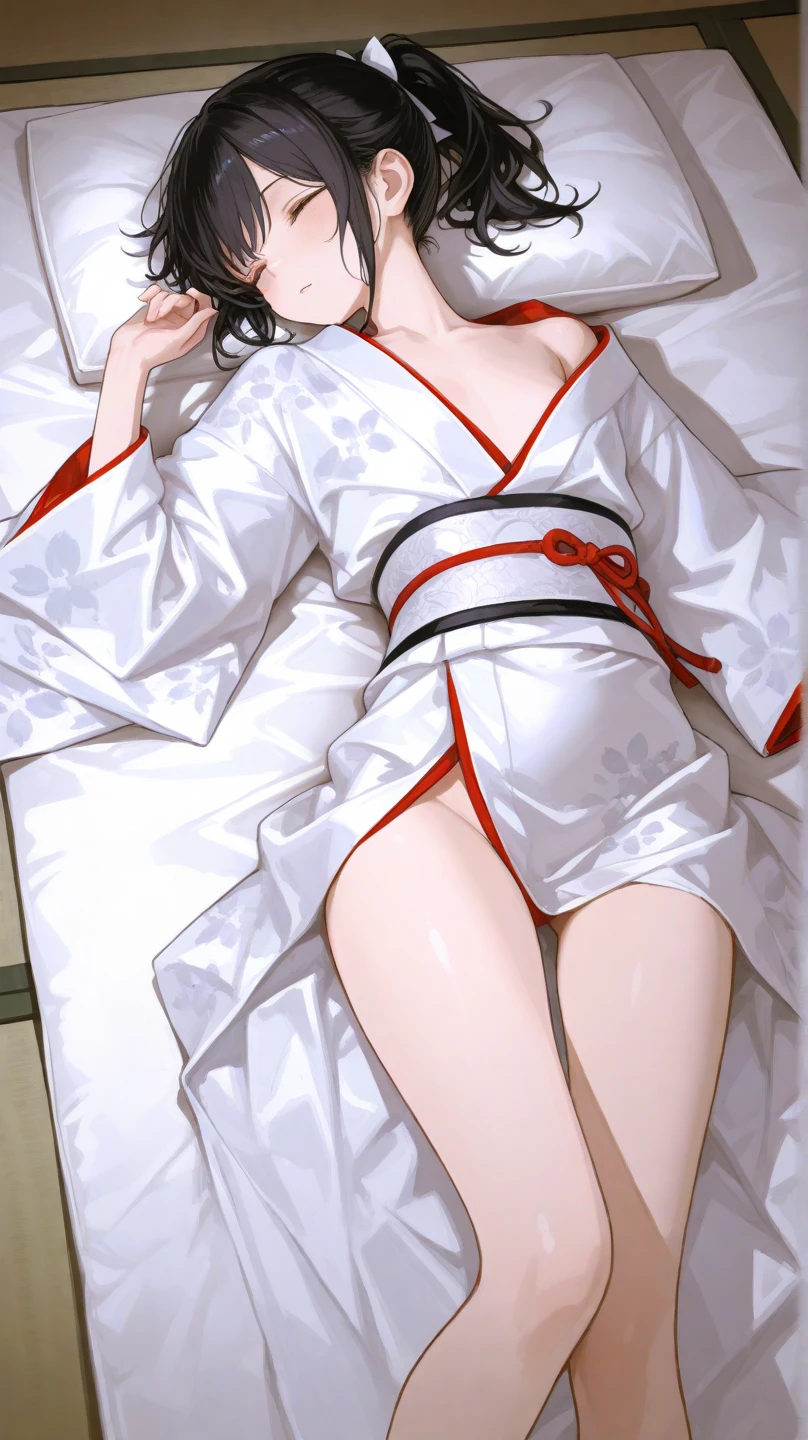 (Photorealistic:1.8, Highest quality:1.8,8K masterpiece:1.8,High resolution,Mastepiece:1.8,RAW Photos,Cinematic lighting)、1 Masochist Woman、Lying on your back、Top view angle、
(Japanese Kimono、A super mini kimono with a beautiful and cute orchid-style floral pattern:1.5、choker)、Breast Rope、Thigh rope、(Shoulders bare:1.3)、Bare thighs、Beautiful fair skin、barefoot、Black Pink Jenny's pause、Random Pause、smile