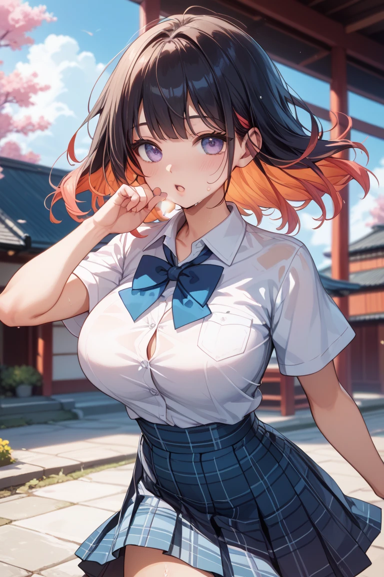 score_9, score_8_up, score_7_up, score_6_up, source_anime, BREAK 1girl, kronya, grey skin, short hair, hair over one eye, facial mark, large breasts, nipple slip, serafuku, white t-shirt, short sleeves, pleated skirt, closed eyes, happy, leaning forward, blue sky