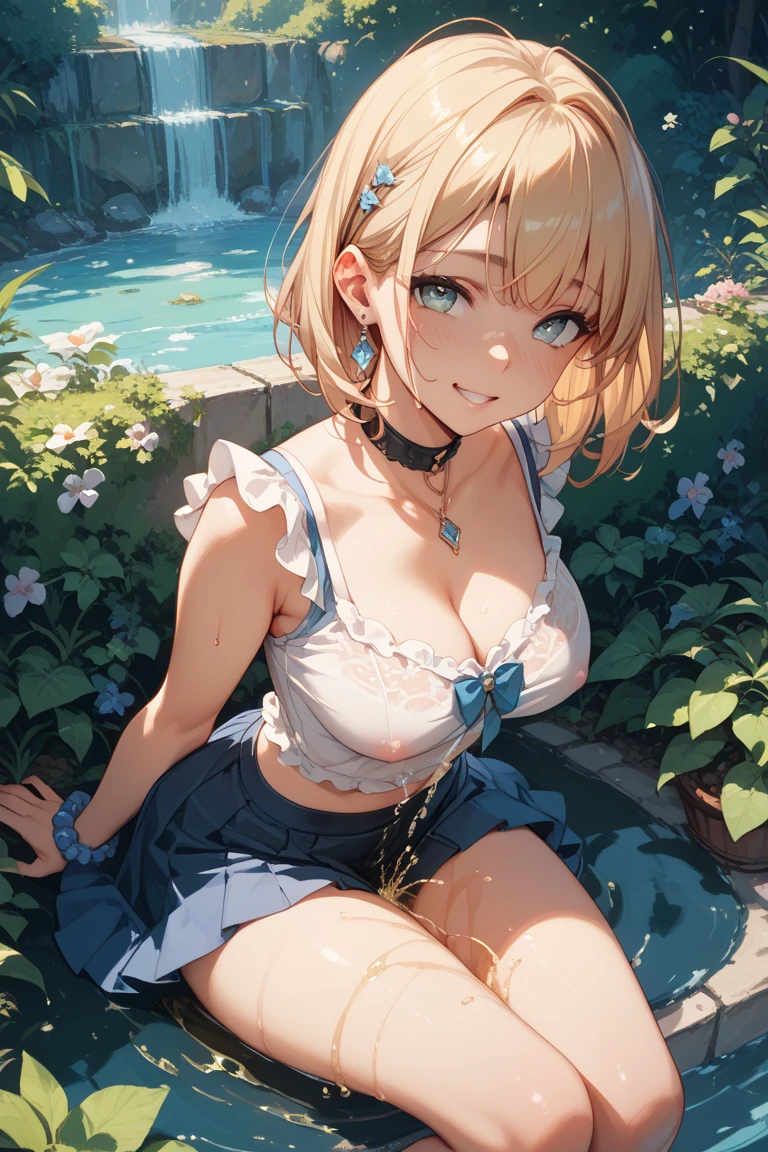 absurdres, (masterpiece, best quality), (ultra-detailed), extremely detailed, super high resolution, (Top Quality photorealistic Illustration), (Super Definition), (best quality,masterpiece:1.0),(cute illustration:1.3), (high Saturation:1.2), highres, ultra-detailed, 32k,8k resolution, intricate details, cinematic scene, detailed background, detailed background,(masutepiece:1.2), (Best Quality:1.2), hyper detailed illustration, beautiful artwork,(Extreme detail CG Unity), (8K Wallpaper)、(exquisite lighting and shadow)、(highly dramatic picture)、(cinematic lens effects),strong light coming in, BREAK (dynamic angle:1.6), (close to viewer:1.6),from below, depth background, in the Poolside, pool, splashing, blue sky, windy, rim light, sunlight, beautiful lighting, strong light, widely, (girly standing:1.3), ((looking at viewer)), BREAK 1 girl, (us1),blonde hair, purple eyes,short hair,short bob cut, (straight hair:1.3), cute girl, (round face:1.6), (baby face:1.6), (kawaii:1.6), (cute:1.6), ( face:1.6), (round eyes), (ultra-detailed brilliant big eyes), (large pupil), ((shiny skin)), ((pale skin)), (shy), (blush), smile, BREAK (show off nipples:1.8), (exposing bare breasts:1.8), (exposed chest:1.8), (no bra:1.3),medium breasts, (small nipples:1.2), (small areolas:1.2),,(very extremely small panties:1.8),(pussy line:1.8), Big smile