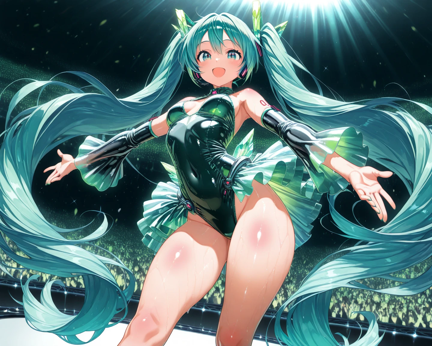 Anime illustration、highest quality、cyber punk、Voluptuous Diva、Hatsune Miku、Bikini Dress、Sing and dance、Night Show、Illuminated by spotlights、colorful psyllium、Perfect proportions、Live music on the stadium stage、overwhelmingly big breasts、Beautiful, shining eyes、Cowboy Shot、smile、Excessive sweating、Noise Reduction