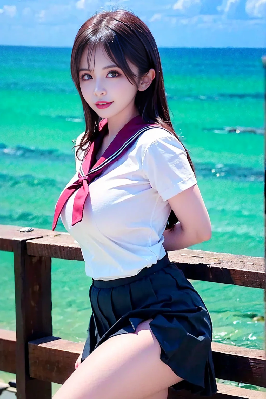 (top-quality, 4K picture quality, masterpiece, Professional lighting without shadows, A hyper-realistic), perfect anatomia, Two girls, ( with perfect body、Colossal breasts with tension:1.2), Bright and even whitening skin without wrinkles and steps, (Reflects a lot of light with bright and beautiful blue eyes with long eyelashes and plump red tear bags:1.2)、 Cute hairstyles, (Schoolgirl uniform gets wet and sticks to the skin, A tight-fitting blouse made of white ultra-thin fabric covers the upper body,、Dress up with a super short super mini pleated skirt), (The skirt is too short、Crotch and buttocks exposed:1.3), (She proudly shows off her huge breasts and crimson ribbon tie from the front), (Another girl on the other side、- She is showing off her bare buttocks from directly behind), (sleepy half-eyes),