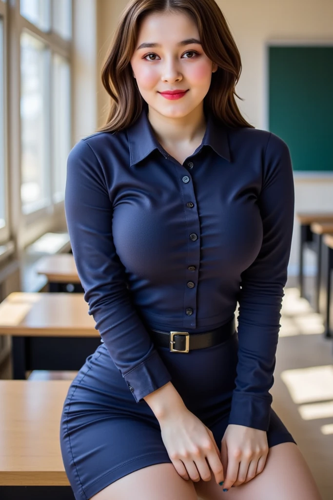 20yo  in school school photo in school masterpiece, (photorealistic:1.4), best quality, beautiful lighting,Eleanor Ukraine Woman 20yo Old Big Breasts Plus Size Model lipstick Bun lHair Bun Hair Hair Lifts Skirt Up Raised Skirt, wearing Ruched Wrap Dress, Sexy V Neck Long Sleeve Bodycon Party Dress