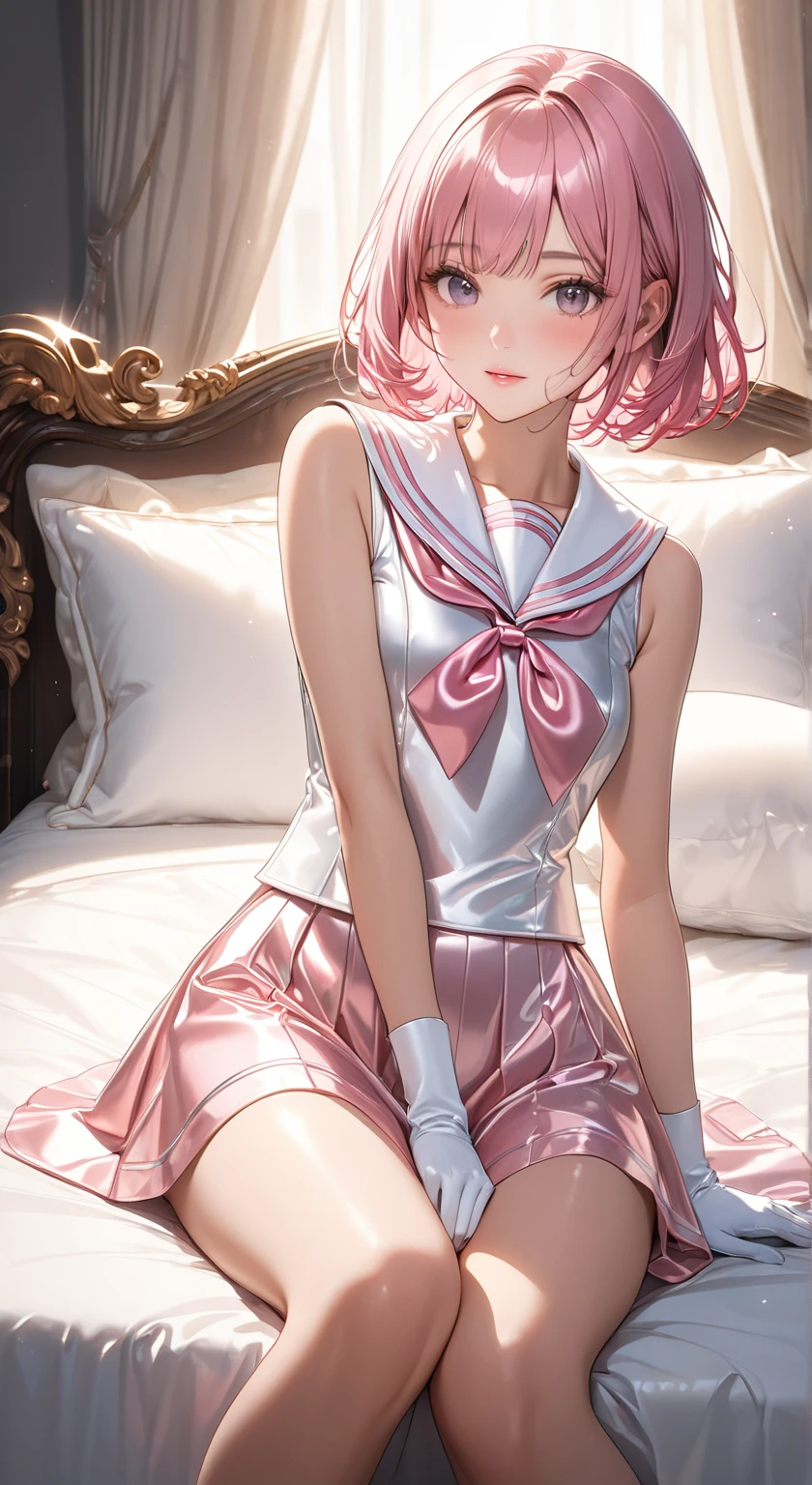 an anime girl is on a bed with her hair in a ponytail, 1girl, solo, chibi usa, pink hair, bed, jewelry, sailor senshi uniform, twintails, pink sailor collar, skirt, gloves, on bed, lamp, earrings, smile, elbow gloves, hair bun, sailor collar, pillow, choker, white gloves, double bun, cone hair bun, looking at viewer, indoors, magical girl, heart , (best quality, masterpiece, ultra-detailed, illustration:1.2),(8K wallpaper),(beautiful detailed eyes:1.2), beautiful, amazing, detailed eyes, (detailed skin)