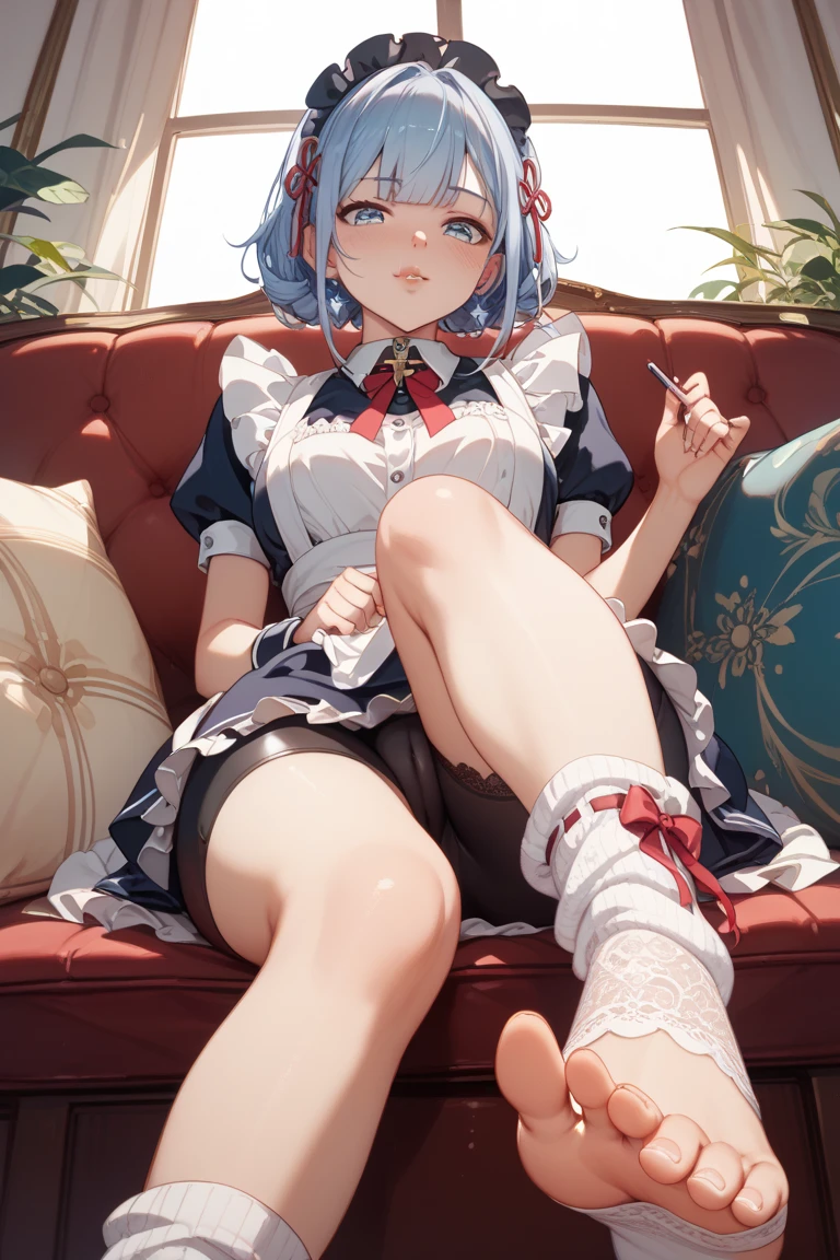 little red riding hood,Sitting,Spread your legs,Black tight knee socks,Light blue and white striped panties、Lower body zoom、People Zoom