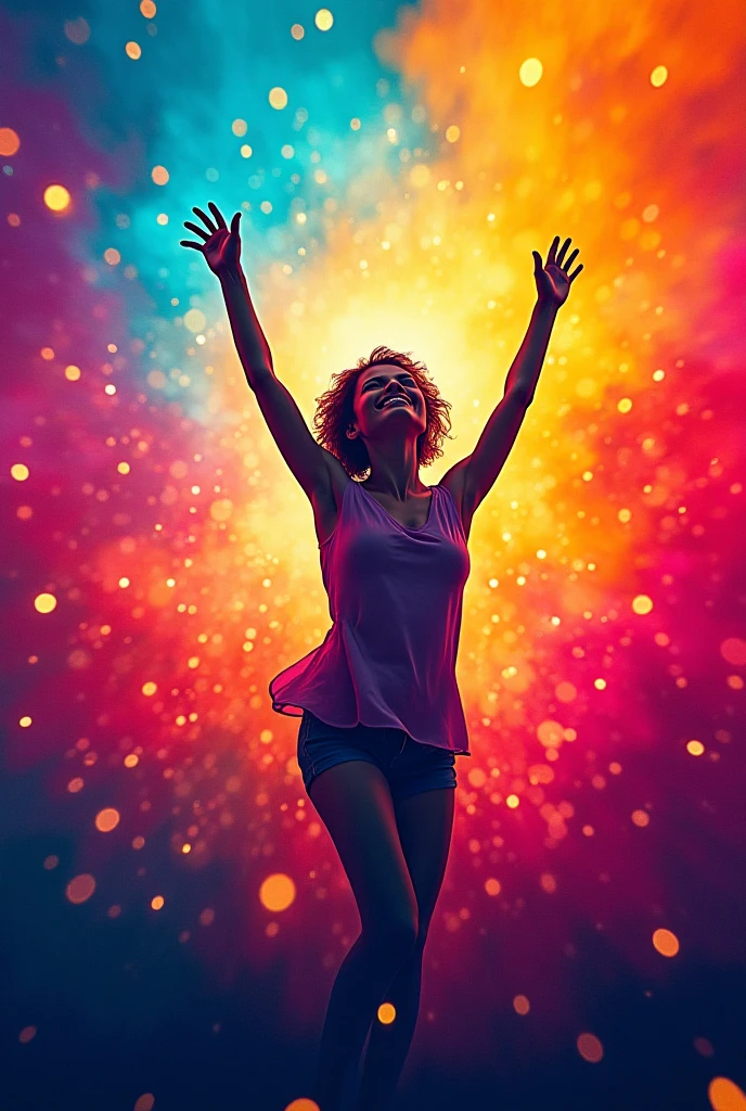 An ethereal photograph capturing an idol singer in the midst of a dynamic stage performance. Bathed in a spotlight, their radiant smile pierces through the darkness as they dance, surrounded by a whirlwind of vibrant colors. The energy of the crowd is palpable, their outstretched hands trying to touch the ephemeral magic that this artist embodies. The photograph freezes this moment of euphoria, making it immortal.
