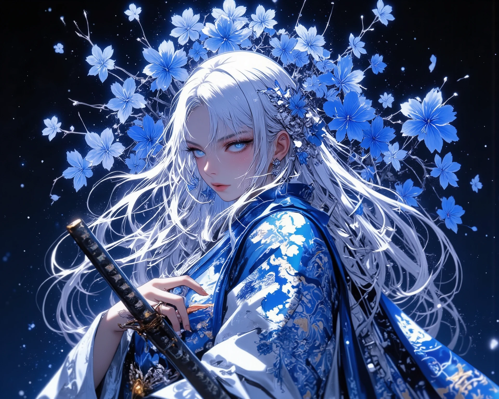 1 long-haired woman with white hair,the background is full of charisma,Disheveled hair and white kimono with floral pattern、strong posture with a strict expression,Blue glowing eyes, blue background, ((Very dark background)),Blue cherry blossoms all around,knife