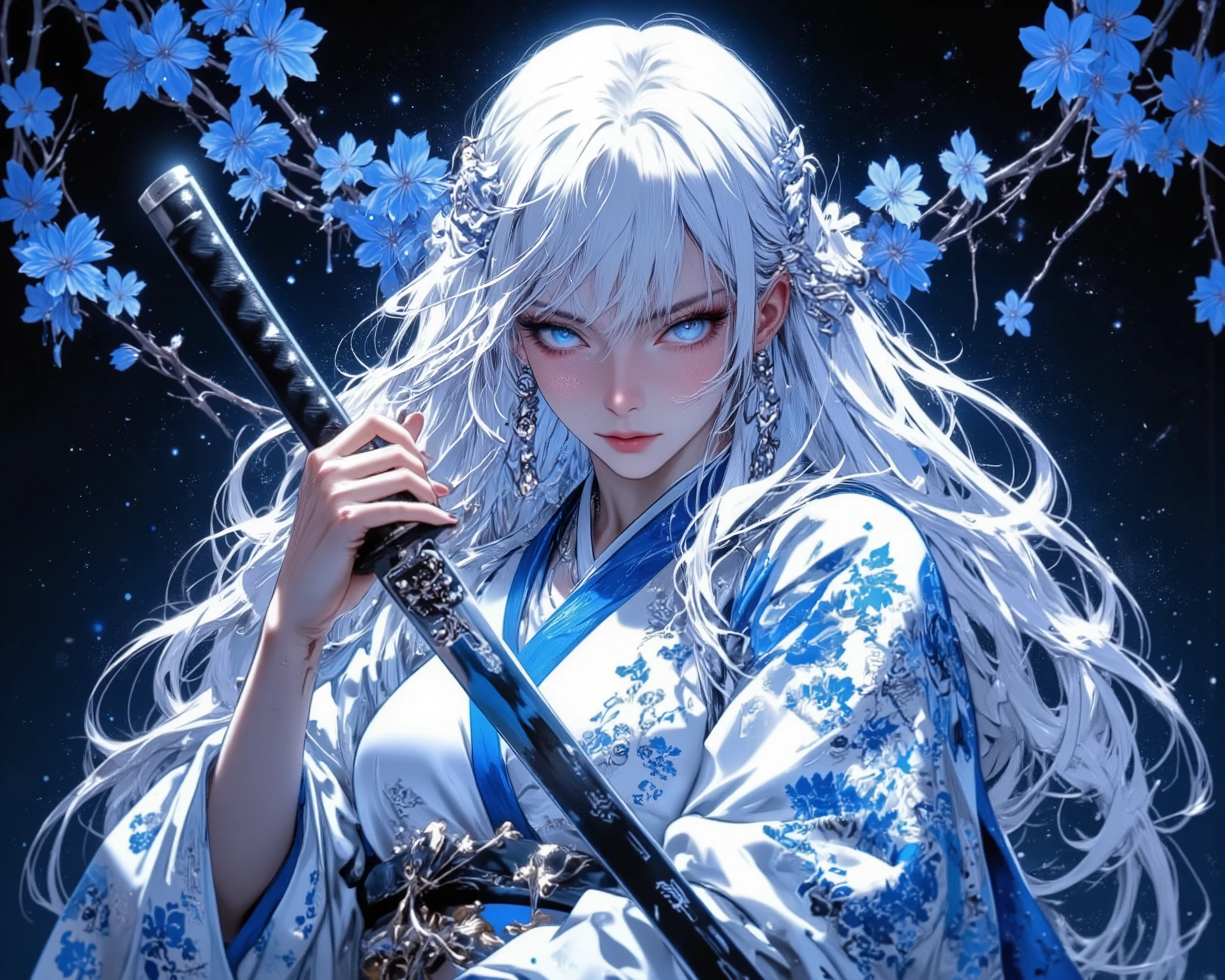 1 long-haired woman with white hair,the background is full of charisma,Disheveled hair and white kimono with floral pattern、strong posture with a strict expression,Blue glowing eyes, blue background, ((Very dark background)),Blue cherry blossoms all around,knife
