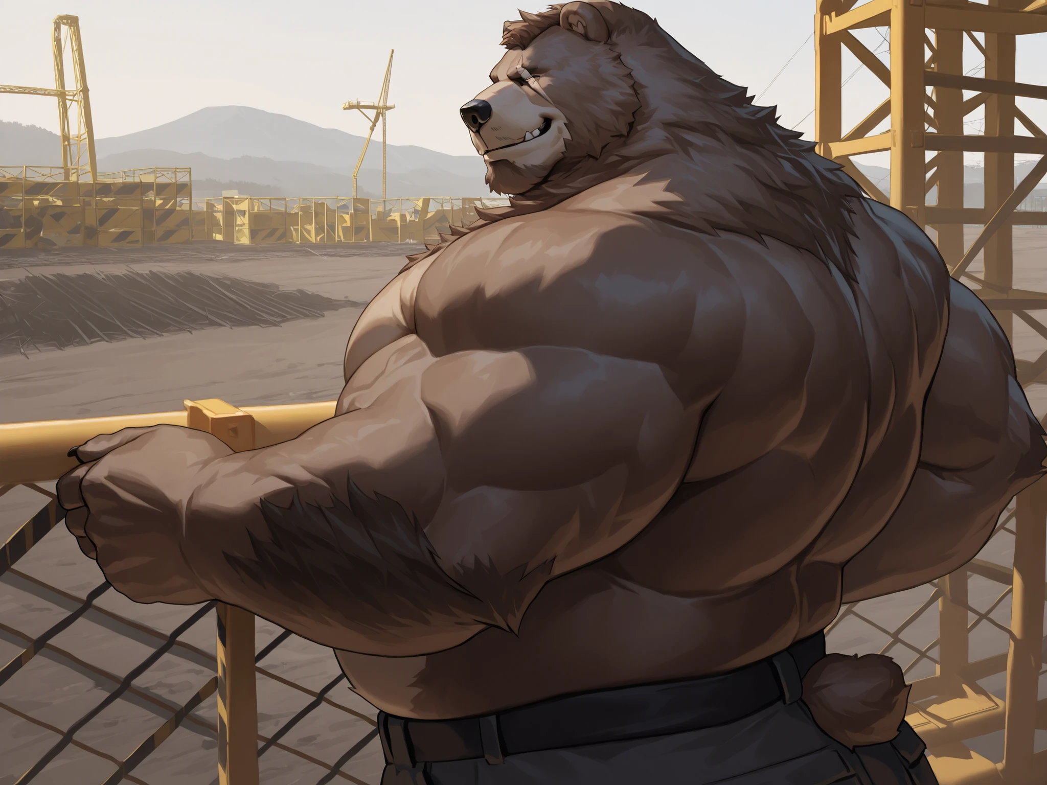 solo, massive muscular, ben bigger, Bear Boy, Scar on Eye, Ben Bigger, shirtless, topless, chubby, side view, smile, very huge pectoral, shorts, construction site, detailed face, wide shoulder, thick arms, wide pectoral, muscle, short hair:1.2, detailed face, masterpiece, semirealistic:1.2, high detailed, 8k, high resolution