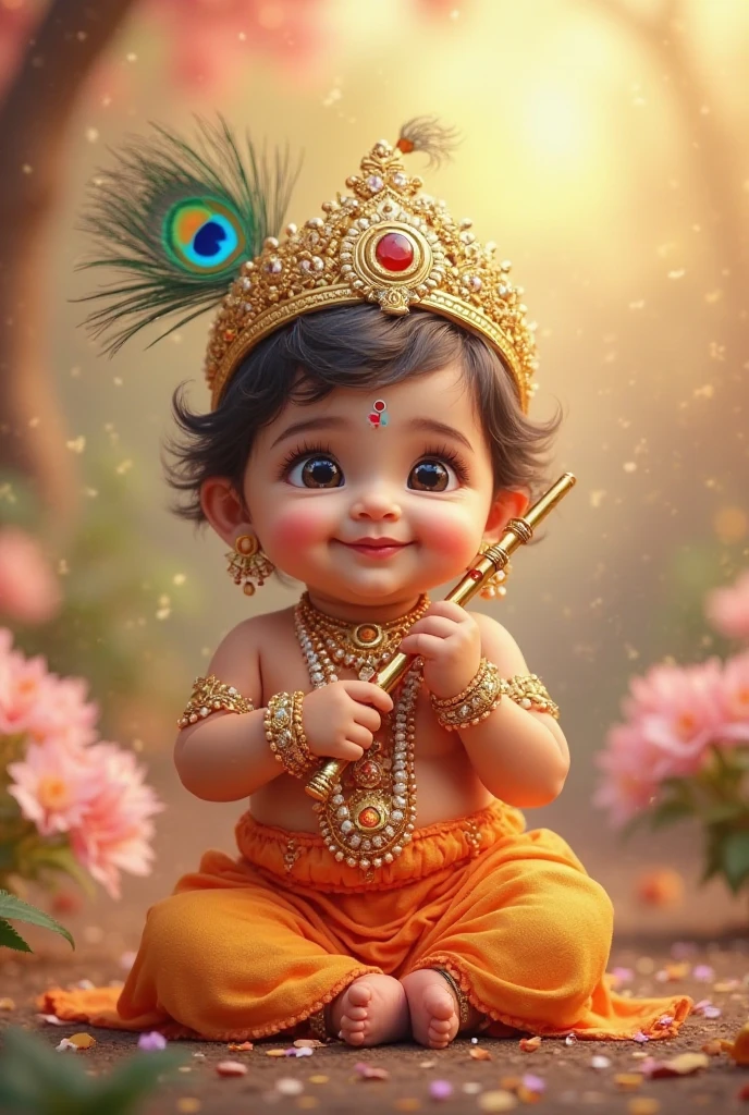 Generate an image of baby lord Krishna eating makhan with his friends ; lord Krishna has real diamonds mukut ; the image should be in light turquoise background