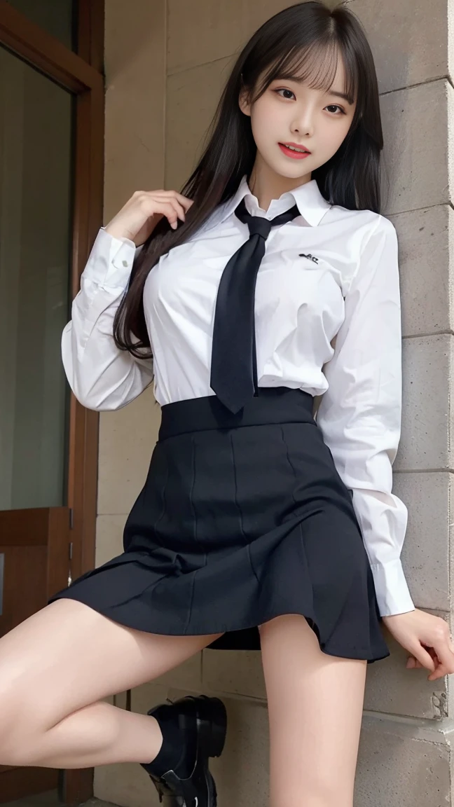 seventeen year old girl, long straight black hair, firm face, has rather thick lips, long legs, and wear school uniforms