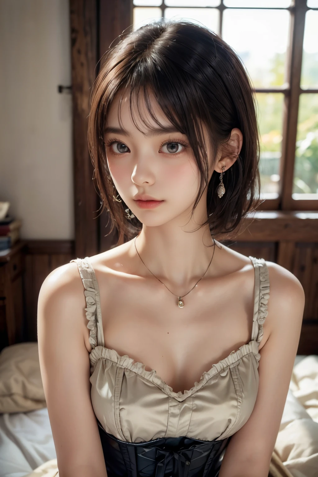 (8K, Photorealistic, Raw photo, of the highest quality: 1.3), (1girl in), Super beautiful, (Realistic face), (boyish, Silver Color Berry Shorthair), Beautiful , Glare that captivates the viewer, Beautiful expression, Beautiful breasts, (Realistic skin), Be...