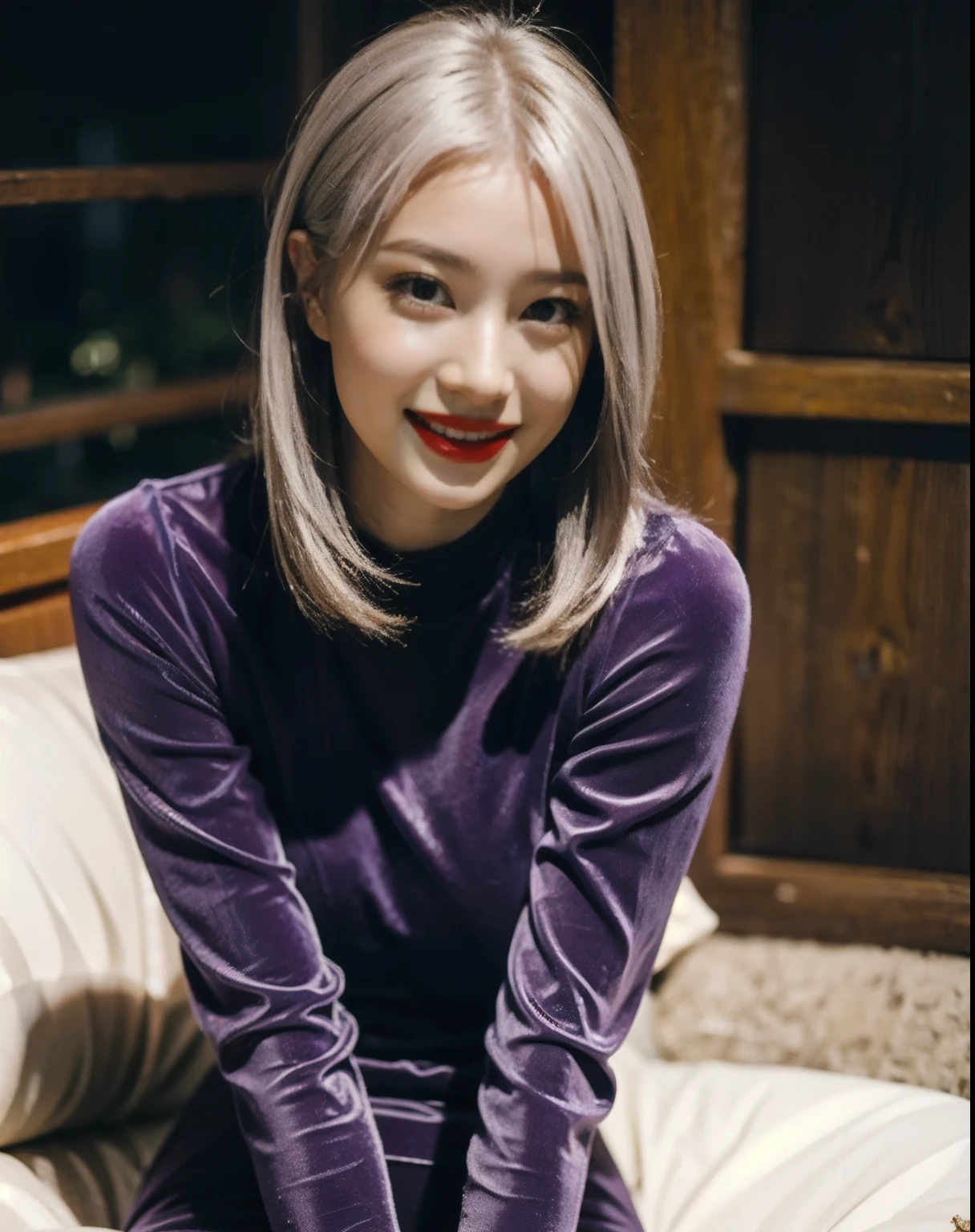 feet, pantyhose,, ultra details, masterpiece, Best Quality, beautiful, details, alone, charming smile, red lips, one girl, purple eyes, silver hair, sexy pose, big breasts, Low Hair Ring, feetを開く