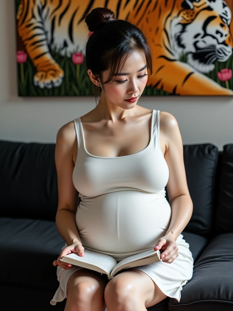pregnancy,korean,Young Girl,big bust,very large abdomen, wearing a pencil skirt,inside,Reading a book,Highly detailed face and skin texture,whole body