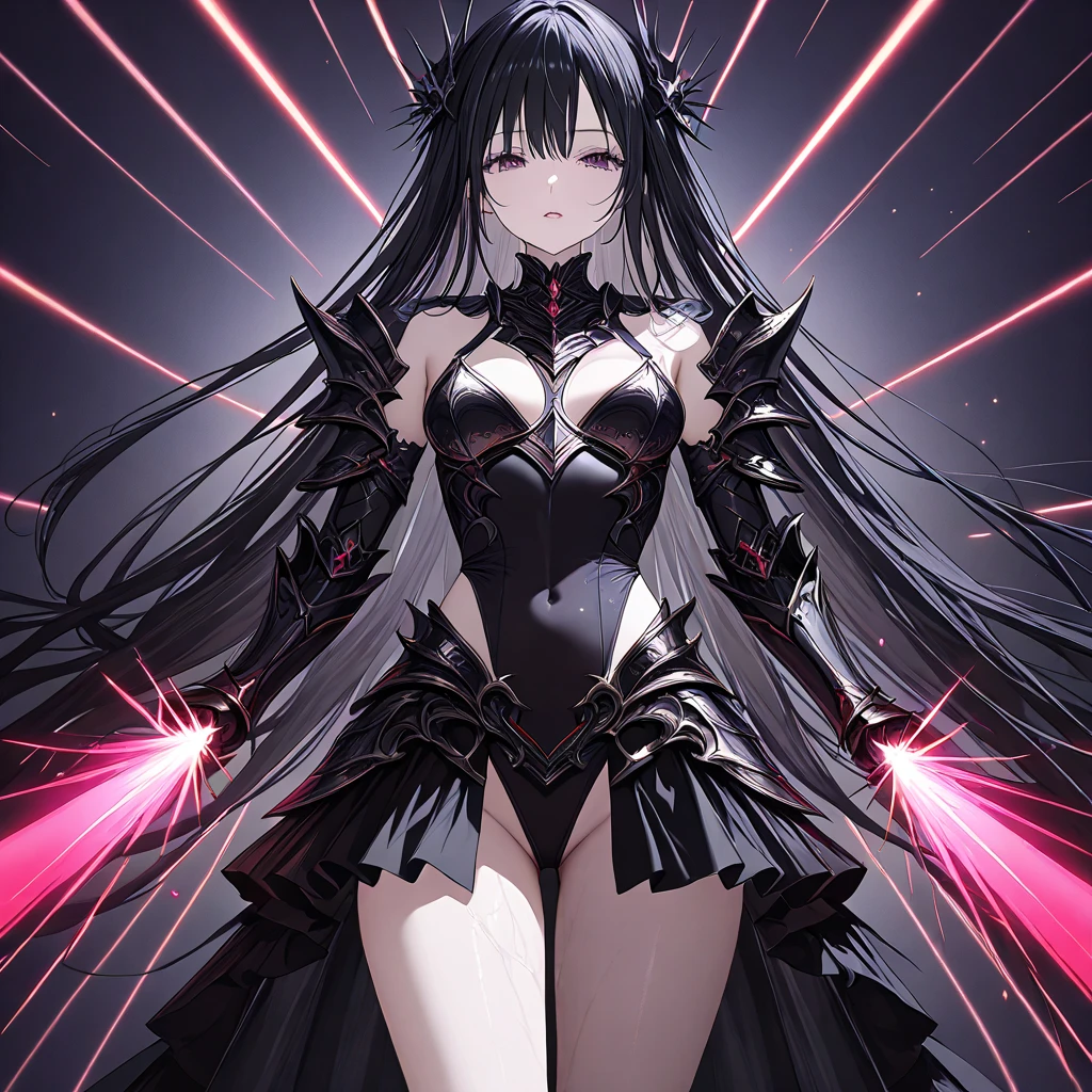 Evil magical girl in exhibitionist costume standing alone. Her outfit consists of latex fabric and transparent tights. She wears sharp black bikini armor. Sharply angled hair ornament on her head. Sharp claws on her fingertips. Heart tattoo around her navel. The main color of the costume is black、Sub-color is emerald Green.emerald Greenr eyes shining with light. Futuristic machine on background.semi-long and voluminous hairstyle. You can see your forehead by parting your bangs to the left and right.