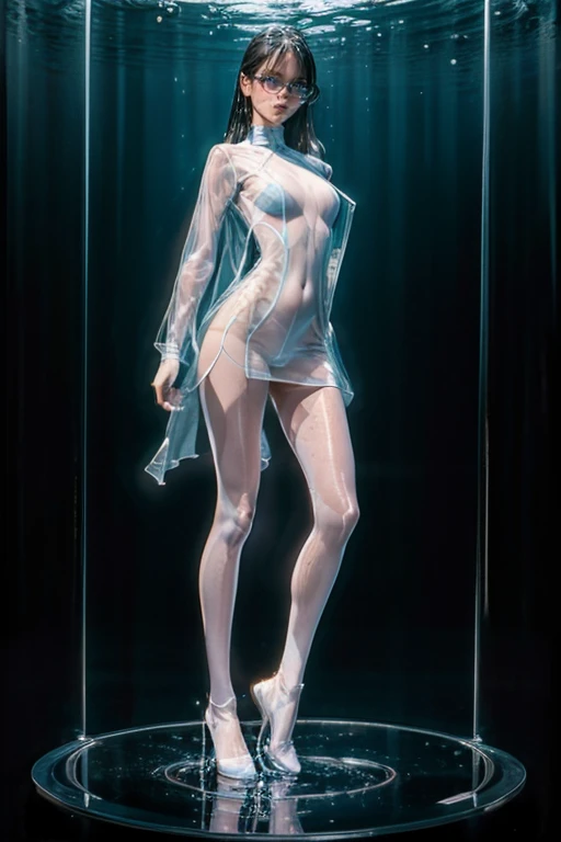 masterpiece, Beautiful urban female model, Full body white transparent clothing standing under the stars at night in the sky, Disappearing Transparent Pants, Full body standing, Tall figures, Thin legs, Facial details, Body parts details, 8k wallpaper
