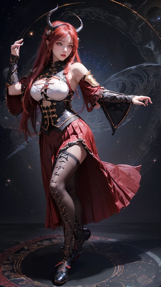 steampunc、Gothic fashion、Blue eyes、Red lips、red hairs、beauty legs、Seduction Pose、Crimson Cloak、Gothic dresses、micromini skirt、White lace shorts、Cameltoe、Fantasy space、Steam engines、Watches、gear wheel、Background full of gears