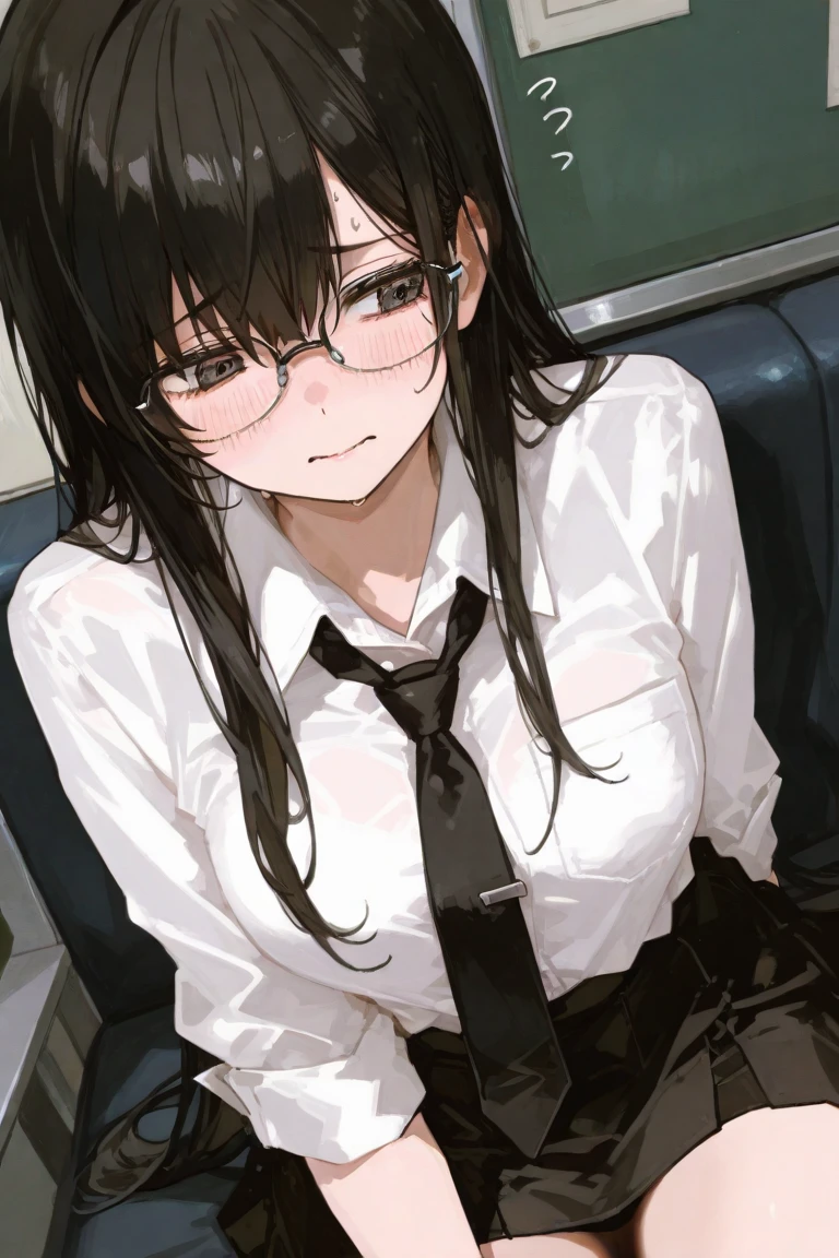 (masterpiece:1.2, top-quality), (realistic, photorealistic:1.4), beautiful illustration, NSFW,
pov, cowboy shot, front view:0.8,
1 girl, japanese, high school girl, black hair, (middle hair:1.4, low ponytail:1.2), bangs, hair between eye, blue eyes, big breasts:1.5, black-rimmed glasses, (thick thighs),
beautiful hair, beautiful face, beautiful detailed eyes, beautiful clavicle, beautiful body, beautiful chest, beautiful thigh, beautiful legs, beautiful fingers,
(beautiful scenery), dawn, in the crowded train,in japan,
((long sleeve,collared shirt,black pleated miniskirt, socks, private school uniform:1.2, russet necktie)), white panties, sitting on the seat,crossing legs,
(swollen), ((seductive posture: 1.2, attractiveness: 1.2)), (idle),
(erotic,sexy, upper eyes, erotic smile: 1.2), shiny skin,
perfect face, cute and symmetrical face, natural side lighting, movie lighting),