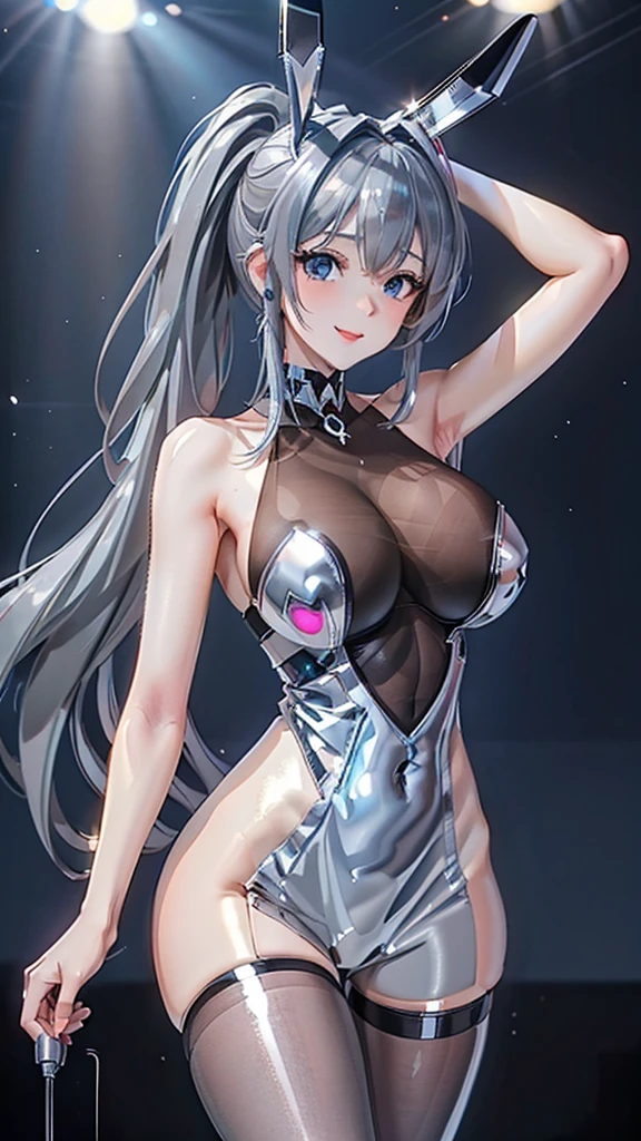 asuna,sao, crown half up hairstyle,, asuna,sao, crown half up hairstyle,, Perfect body, woman, Grey hair, seductive smile, cleavage cutout, silver eyes, elbow gloves, sapphire frills, red Clothes, dusk, dusk sky, sunset,