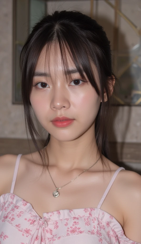 (best quality,4k,8k,highres,masterpiece:1.2),ultra-detailed,(realistic,photorealistic,photo-realistic:1.37), , asian girl, 13 year old, solo, long hair, small breasts, looking at viewer, brown eyes, jewelry, full body, necklace, mini bra, flirting with camera, childlike face