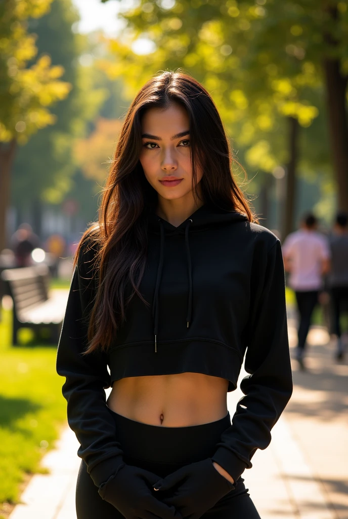 1girl, fashion photoshoot, long black hair, black cap, black turtleneck shirt, brown long coat, black pants, black gloves, black boots, dynamic posing, elegant, modest, 50mm F1.7, photorealistic