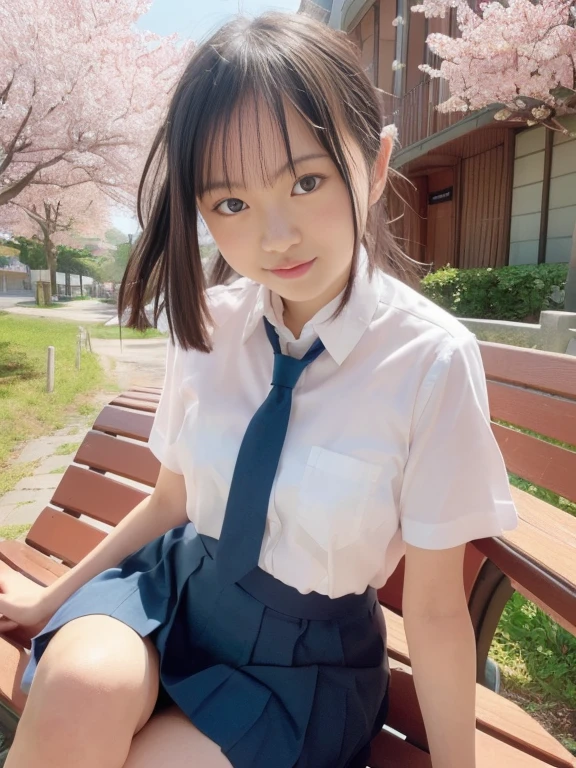 master piece, Best Quality,(12 years old Japan girl:1.5),(Looks like you're about to cry:1.3) ,(M-shaped legs spread on a park bench:1.8),(Summer clothes and hairpins for junior high school girls:1.8),Brown eyes,(Small:1.7),(Smooth straight hair:1.5),(Slender body,Skinny Legs),A detailed eye,Very white skin,Letting down your bangs,Detailed body,Detailed hand,No makeup, Smile,