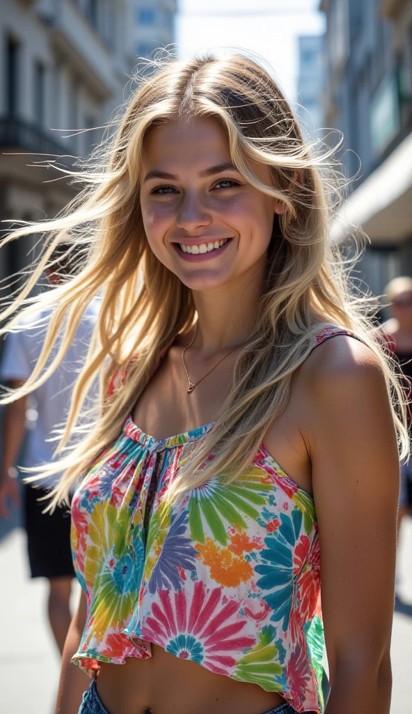 a young adult with long blonde hair, honey-colored eyes, in rio de janeiro wearing rio de janeiro themed clothing in 4K ultra realistic