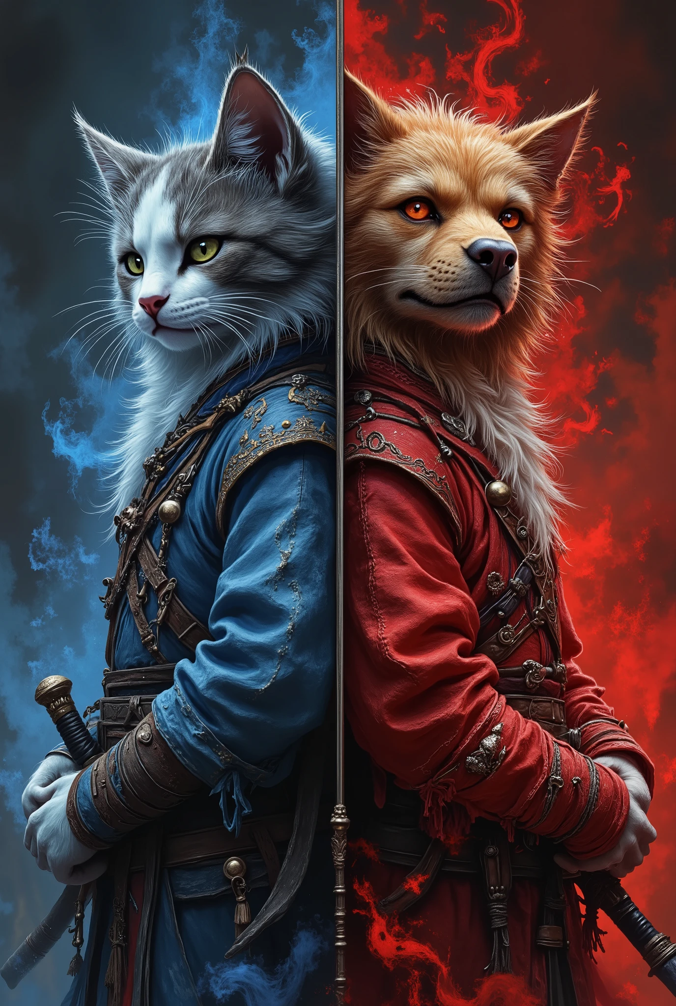 An ancient sword splits the screen in half、On the left is the animal incarnation of a cat、On the right is the animal incarnation of dogs facing each other、wearing blue spirit light and red spirit light、The color on the left and right side of the image、 Wearing an ancient Chinese Ranger costume,((Cat and dog back to each other,Leaning back together)),