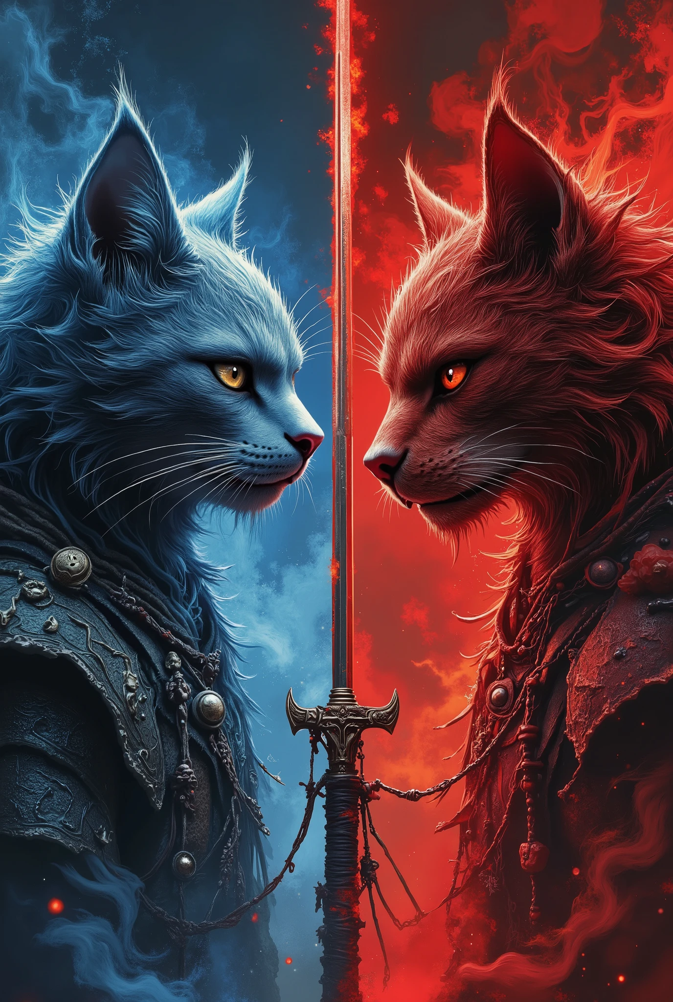 An ancient sword splits the screen in half、On the left is the animal incarnation of a cat、to the right is a beast incarnation of a dog facing each other、wearing blue spirit light and red spirit light、The color on the left and right side of the image、 Wearing an ancient Chinese Ranger costume,(Cat and dog facing each other)