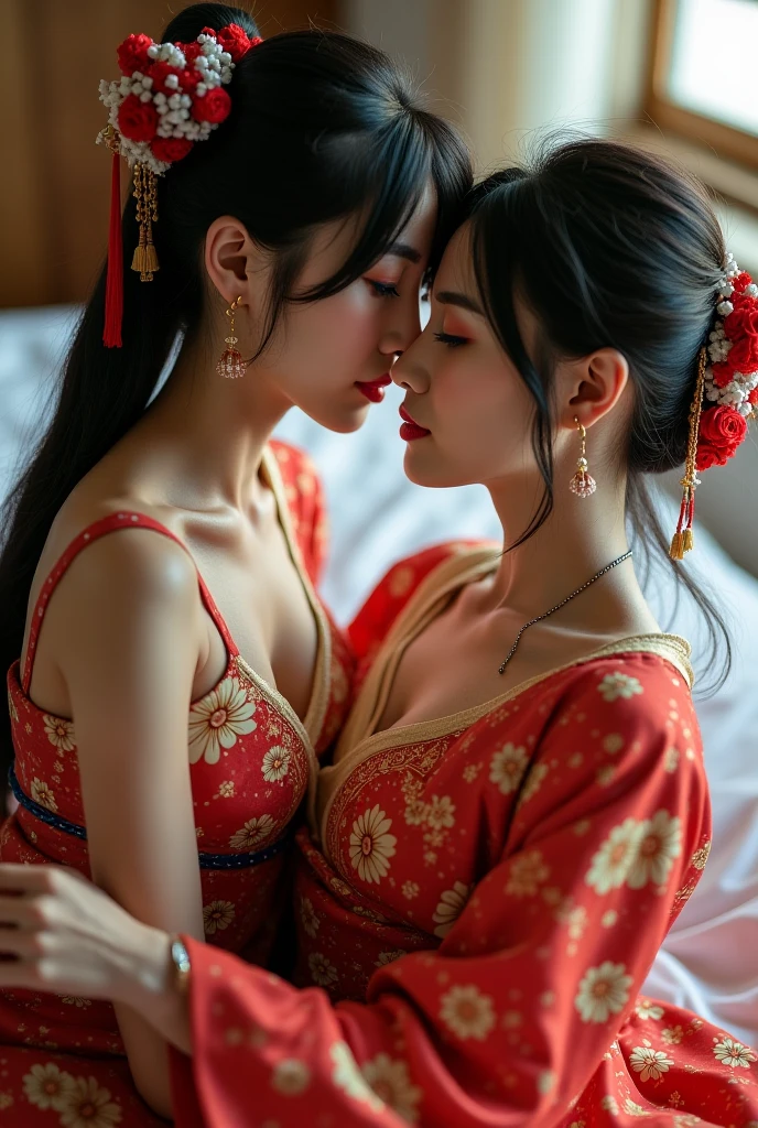 a couple of lesbians sitting together,Taoist,single hairbun,(an ancient Chinese hairstick on her head:1.5),Use mahogany hairpins,(reveals transparent clothing),leering:1.4,Reveals translucent lace panties,(ulzzang-6500-v1.3,pureeroface_v1,octane rendering),elegant pose,xxmix girl woman,perfect composition golden ratio, masterpiece, best quality, 4k, sharp focus. Better hand, perfect anatomy.