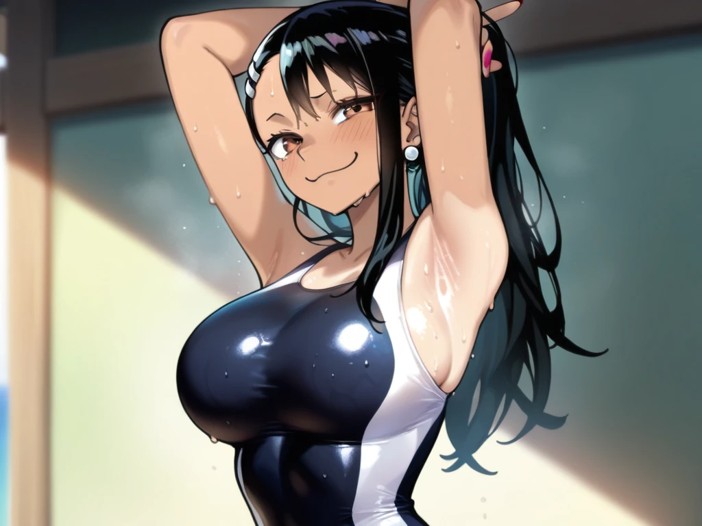 8K, high quality, animation, married woman, fair skin, beautiful, neat, bright, emphasis on eyes, sexy, super big tits, beautiful line drawing. Black hair, white skin, brown eyes, arms up, armpit view, head down, simple background, pink background, erotic, arms up, armpit view, sweaty body, armpit sweat, smiling, holstein pattern bikini, swimsuit,