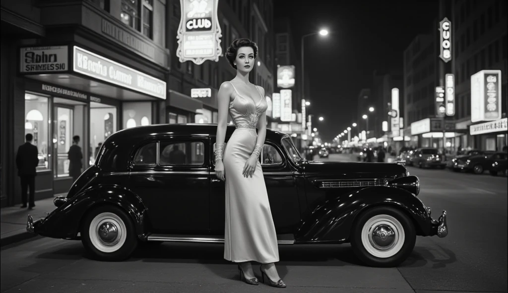 A movie scene from "13th Floor", a bustling street in year 1937 at night, dark sky. (1girl, solo), elegant woman wearing short dress, photorealistic, large-breast:1.2 C-cup slim:0.9 body, cleavage:1.2, (matrix style black sunglasses), (holding a mini:1.1 stun gun), dynamic pose, (half-body thigh:1.1 level medium shot), cinematic lighting, ray tracing.