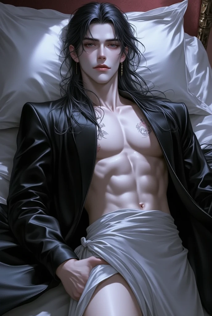 A sinfully hot, seductive and intimate CG portrait. A refined and sensual masterpiece that represents the ultimate masculine sensuality. The scene shows a shirtless man lying on a ruby red satin sheet looking sensual with long black hair and blue eyes. The bed is decorated with dark linen. White milky transparent slime on its abdomen