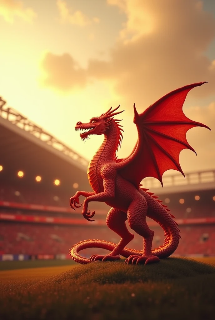 Create a high-quality image with advanced levels of detail in dark style. The scene must show a majestic and imposing dragon on top of a football stadium. The stadium must have intense red stands, and the dragon must appear integrated into the stadium itself, as if it were part of its structure.
The dragon must be watching with a watchful eye two teams playing football on the field below. Players must be visible, in intense action, while the stands are completely packed with vibrant and colorful fans. The sky must be dark and stormy, with heavy clouds and lightning cutting the air, creating an environment of tension and drama.
Lighting should highlight the details of the stadium, of the dragon and the fans, with deep shadows and strong contrasts to emphasize the dark aspect of the scene. The dragon must be portrayed with shiny scales and piercing eyes, conveying a sense of power and commanding presence over the sporting event below.