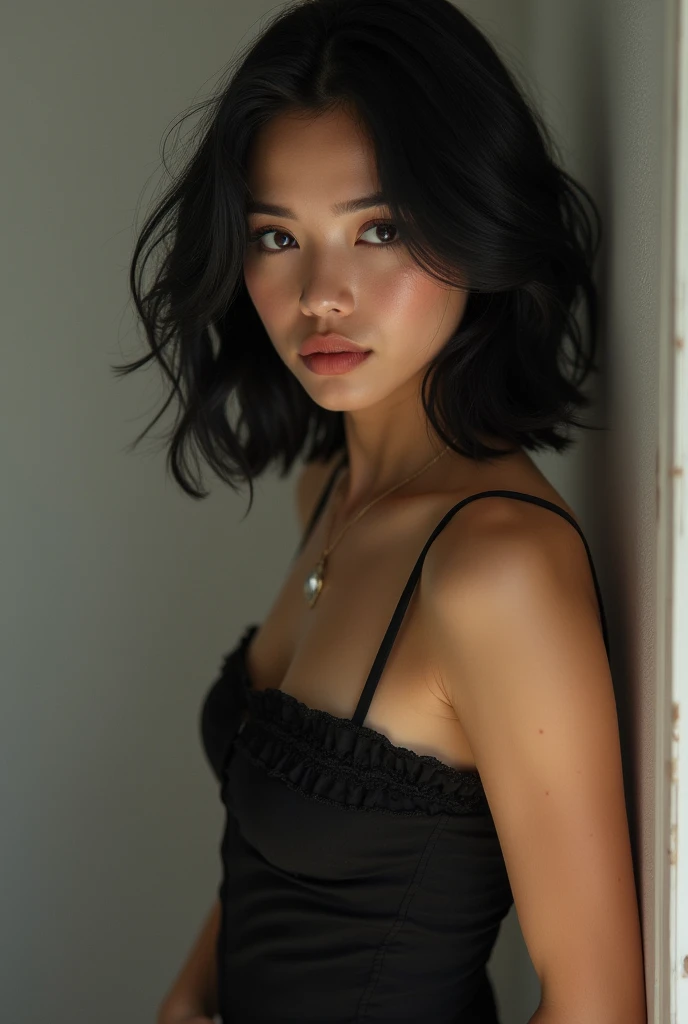 woman bathed in soft light, leaning against a wall, looking into the camera in a moment of raw emotion. Her attire is minimal, accentuating her beauty with the dramatic shadows cast by the lighting. The background is stark, with sharp contrasts highlighting the contours of her form. The red and black palette intensifies the mood, evoking a sense of mystery and allure. Subtle film grain and meticulous shading add depth and texture, emphasizing the emotional gravity of the scene. The lighting creates a chiaroscuro effect, accentuating her expressive pose and the intense atmosphere.