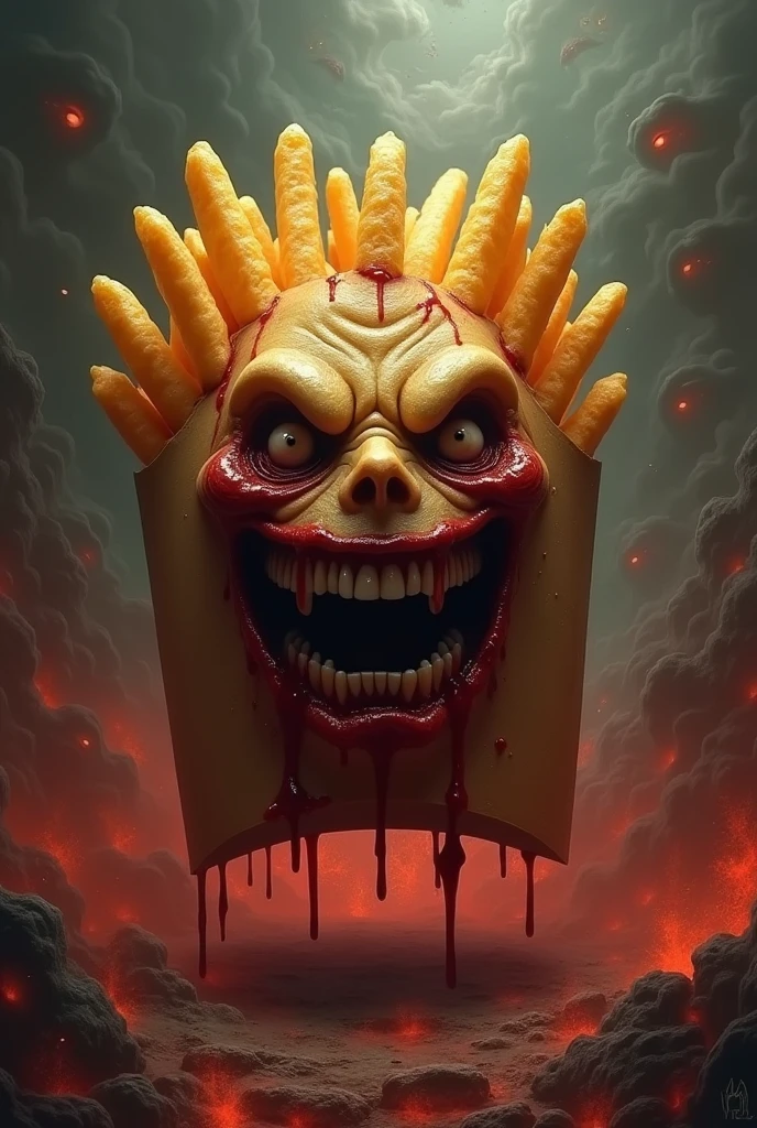 Monster burger with a face with a body made of ice cream and fries