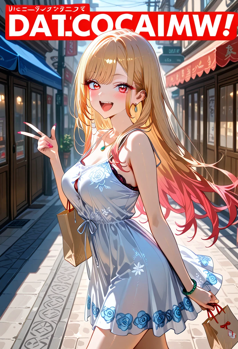 An extremely beautiful busty woman with gold blonde long silky hair, blue oceanic eyes, extremely super bright snow white fair stunning flawless glowing lush shiny white skin, and complexion, a perfect tight hourglass figure, a thick plump ass, cleavage, and perfect hips, wearing a short sexy loose revealing white floral dress with red flower patterns along with a red sash around the waist and a light brown off-shoulder cardigan, yellow heels, jewelry on the neck, gold bangles on her wrist, and anklets on her legs, gold earrings, a cute adorable smile, pink puffy lips, pink nails, red rose on hair, standing straight, hands joined together, looking at the viewer, big garden in the background, day time, show full body from head to feet.
