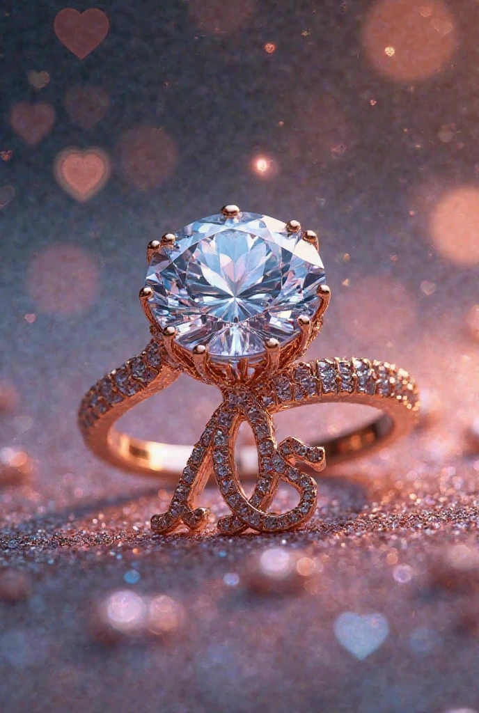 A diamond ring with the letters A and S,  with glitter ,beau avec des petits coeurs au tour et écrit en "Until death"