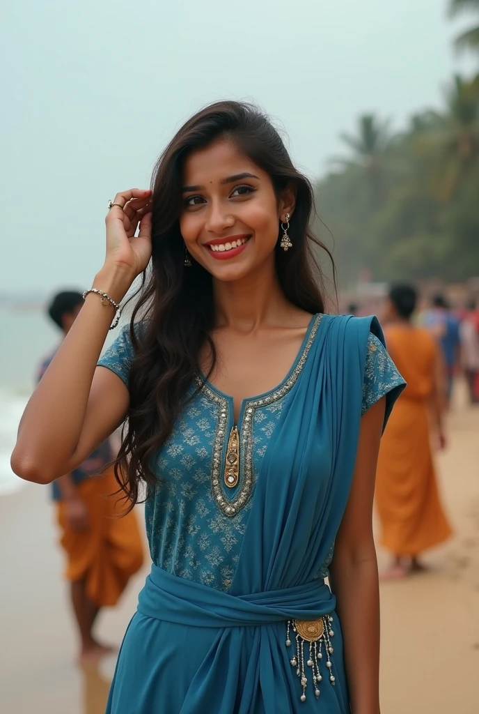 curvy thick Indian young beautiful 18 years dusky Indian teen, slim body, nice curves, homely girl, cotton fabric Indian blue kurti,wear long shawl, indian kurti, cotton red leggings, outdoor, COOL WEATHER, standing near beach, seaside, photorealistic, smile on face, flirting face, big , five_fingers, influencer, model 