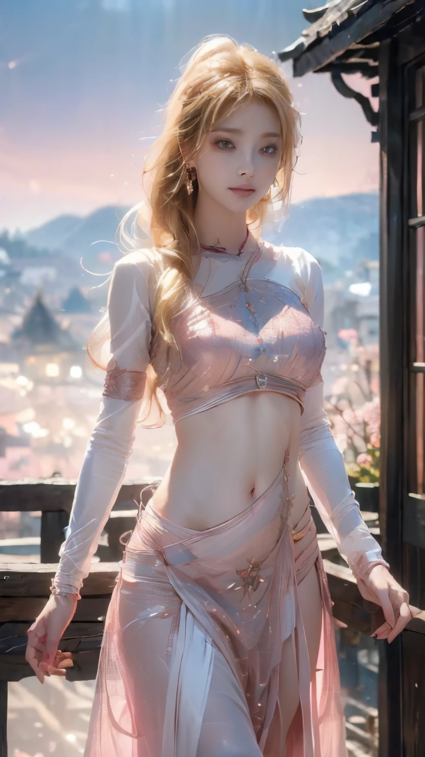 8K, UHD, Masterpiece:1.5, young girl, ((perfect Anatomy)), ((blonde skin)), good face, detailed eyes, very long hair,((gradient black hair)), ((thread fantasy:1.5)), (((Thread cut filibeg))) ((pink Thread grid)), ((thread grid)), ((navel)), ((grid lacing)), ((thread sardius)), ((ornaments)) in the rooftop, ((tyndal effect:1.5)), 