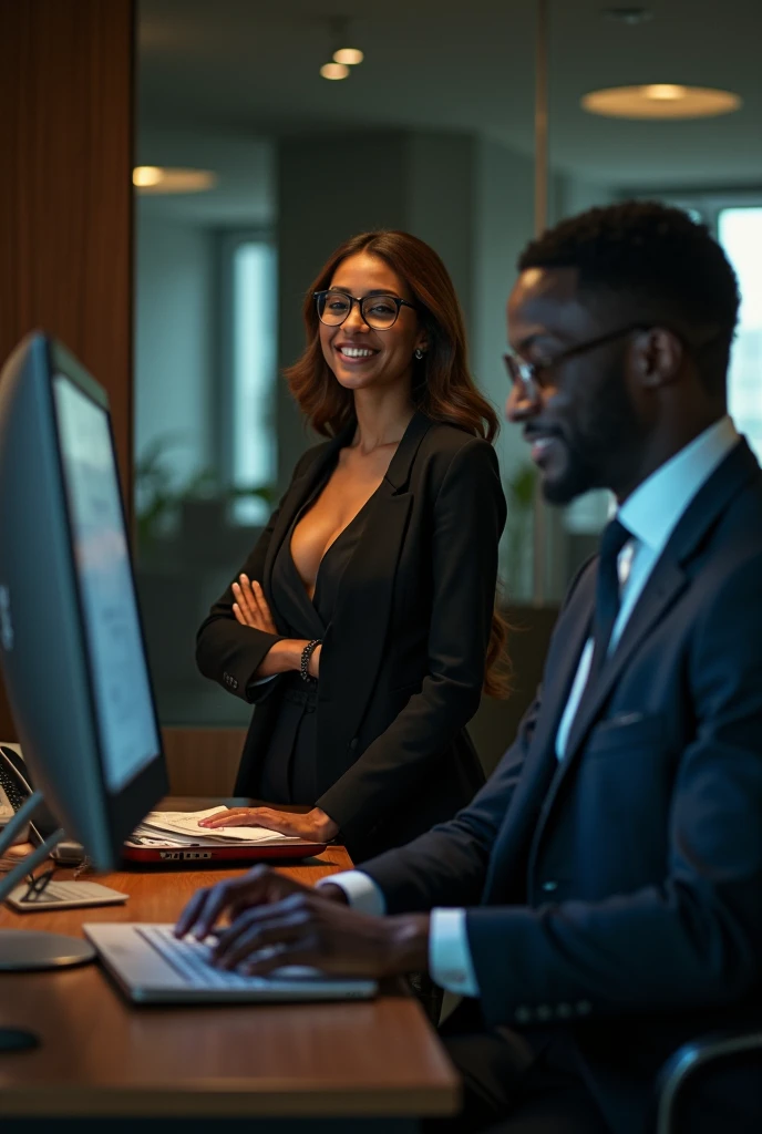 How to Draft an IT Contract That Protects Your Business Interests, futuristic handsome black lawyer wearing green and gold professional suit standing with black beautiful colleague in green and gold professional dress, 4k, stunning, in office with laptop