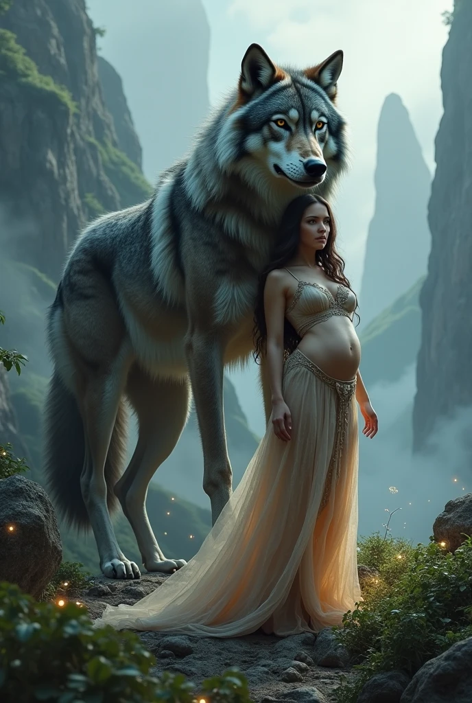 Chubby white woman with long curly brown hair with fierce black wolf