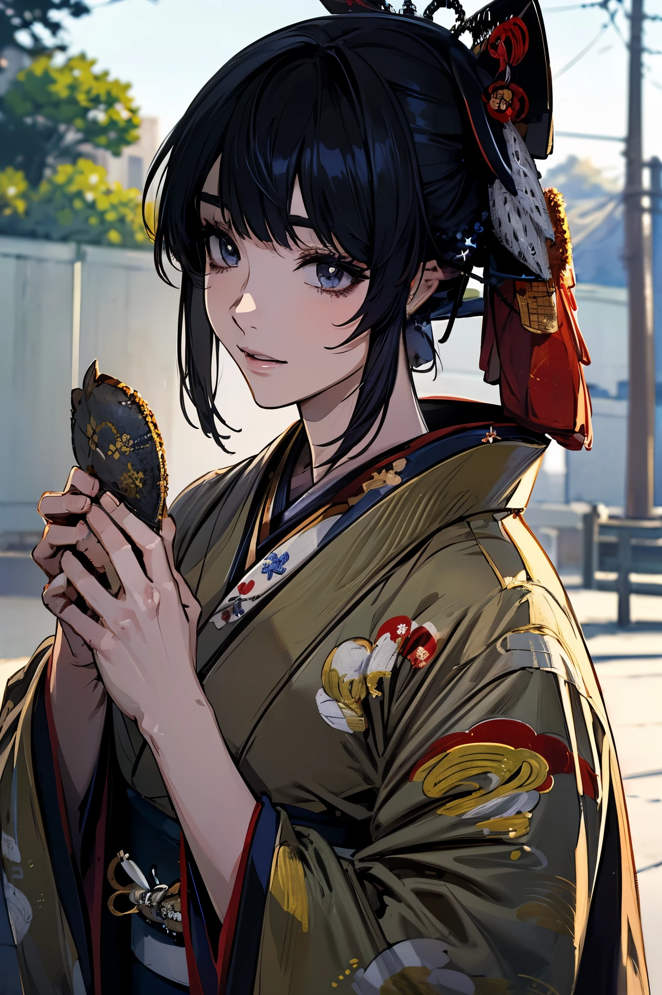 (masterpiece:1.5),beautiful hair,Beautiful Eyes,beautiful lips,Beautiful slender body,(Konno Anna:1.2),(Riho Yoshioka:1.1),(random expression:1.3),(Riverside:1.4),bust illustration from the front ,((((An Extraordinary Beauty:1.7)))),(((( kimono,Military jacket,Taisho Romance:1.5)))),((19-year-old single woman holding a fish in her hand:1.1)),(accurately depicted anatomically correct hands:1.1)black hair,long lashes,Three-dimensional, jewel-like eyes,Very delicate and beautiful CG,2. 5D illustration, anatomically accurate body, (very precise illustration:1.1),(Outdoors:1.4), (wallpaper:1.4),8k