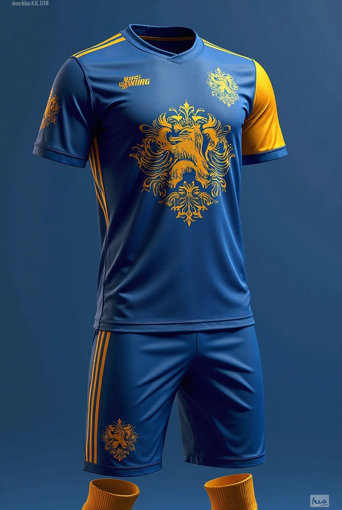 Create a simple game jersey with the blue color, gold and black, with a symbol on the side of the shirt related to the goddess Athena and on the sleeves the crown of Athena, Front photo