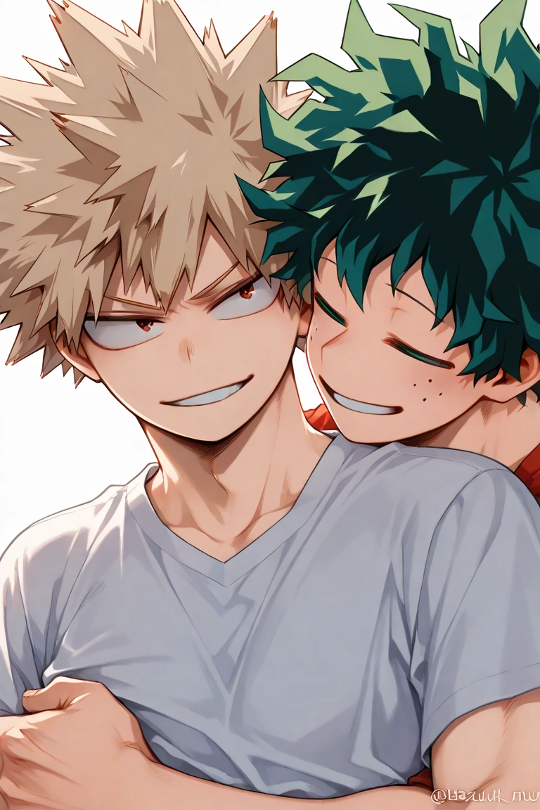 Screenshot of my hero academia.
a black haired boy, skin white as snow and red lips with the UA uniform kissing Bakugou Katsuki