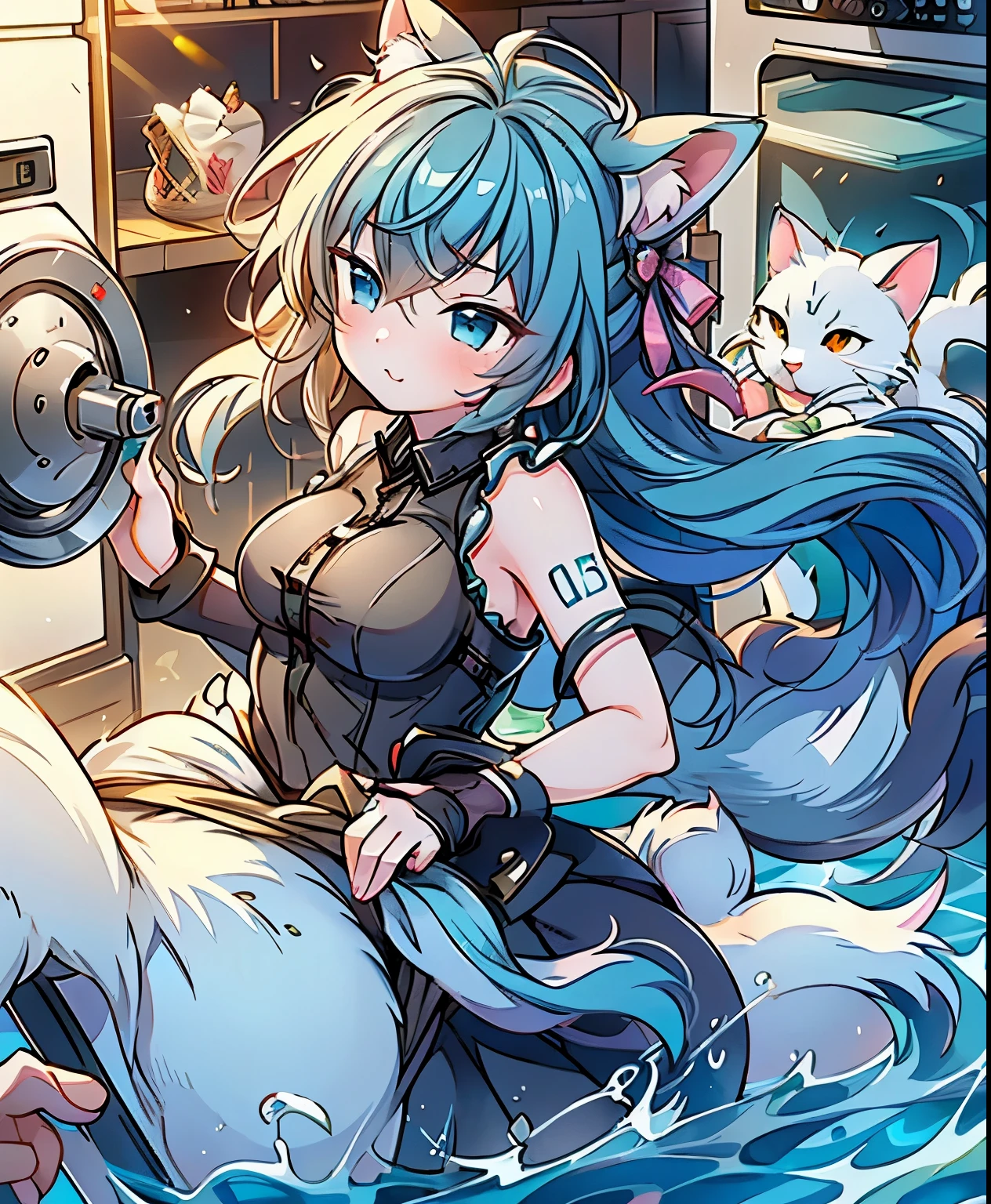 ( masterpiece、 Best Quality、 Best Quality、Official Art、 beautiful and beautiful :1.2)、(one girl:1.3) Hatsune Miku、fierce battle between dogs and cats, beautiful breasts,Illustration drawn on a washing machine
