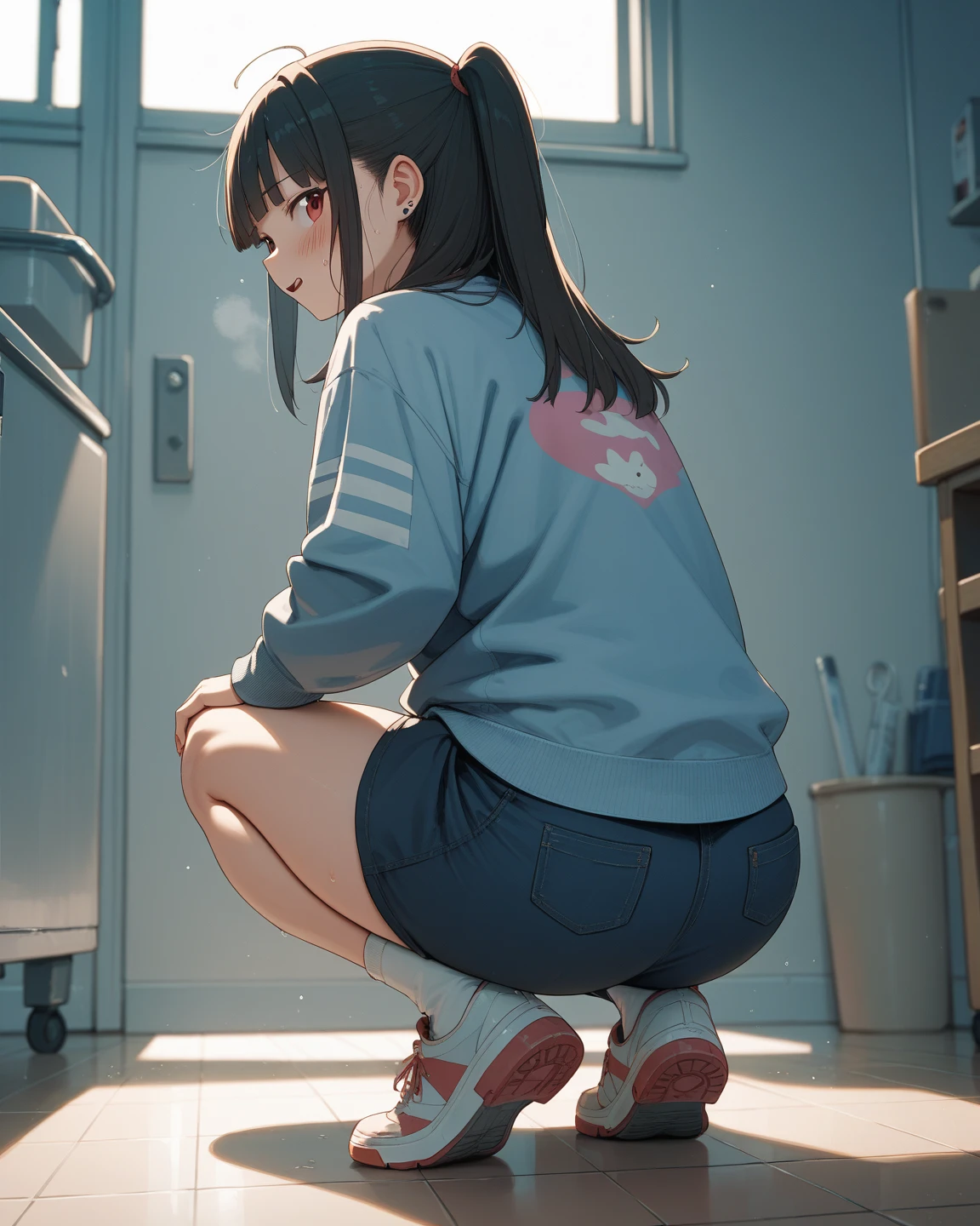 standing on her feet, Bottom-up camera angle, Contra-Plongée,  folded arms,  lighting, maquiagem, mascara, Lips are soft or colored, fundo preto simples, minimalismo, monotone, paletas de cores simples, limpo, Crisp drawings, silhuetas fluidas, atleta de voleibol , Volleyball shorts, camisa de voleibol, Asymmetric, geometric, vestir, , Pulseiras simples, Designs diferentes, silhuetas simples, estilo simples, minimalismo, materiais de alta qualidade, sexy, rosto infantil, pequena, cabelo preto, Volleyball Shoes, cara de brava, angry expression camisa do SPFC
